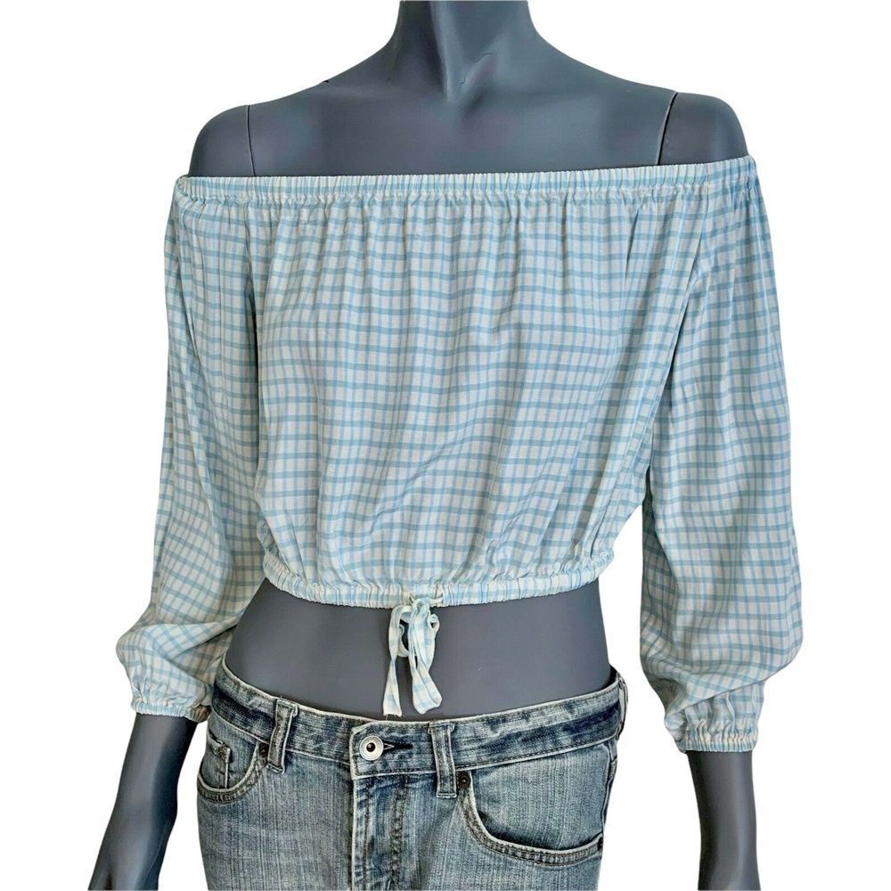 Wilfred Womens Eleanora Cropped Off the Shoulder Blouse Check Blue White Top M